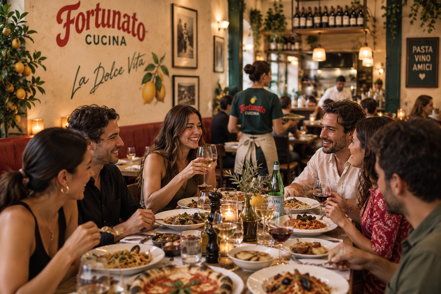 Friends laughing over shared pasta and pizza at a long table at Fortunato Cucina