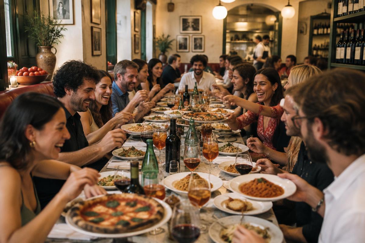 Friends celebrating around a long table at Fortunato Cucina