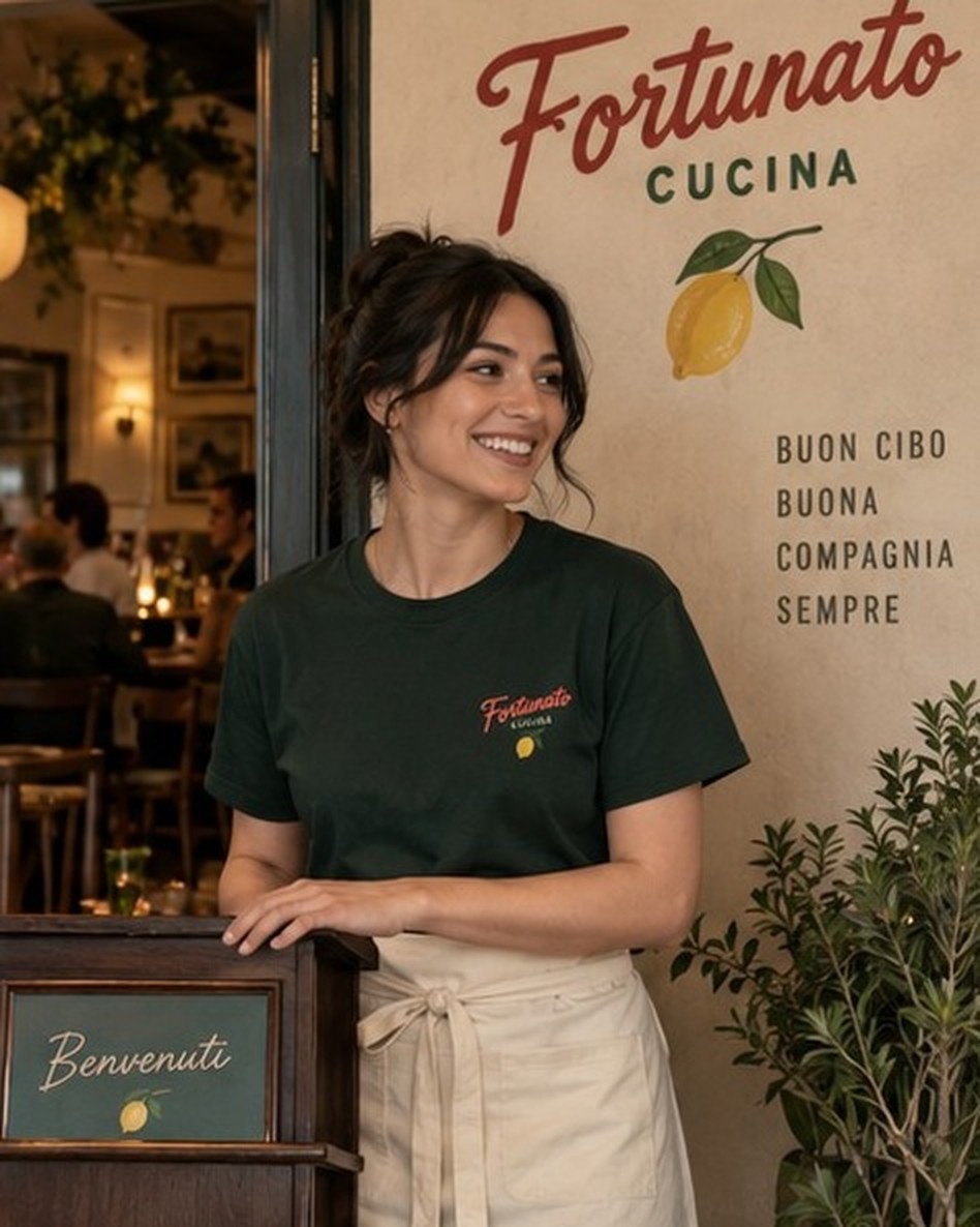 A host in a green Fortunato Cucina tee welcoming guests beside the lemon mural