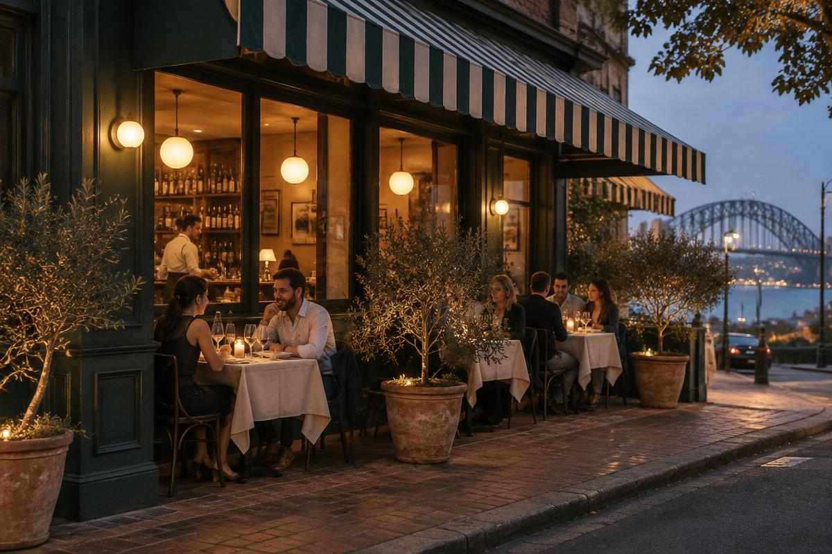 The green shopfront and striped awning of Fortunato Cucina at dusk, with pavement tables
